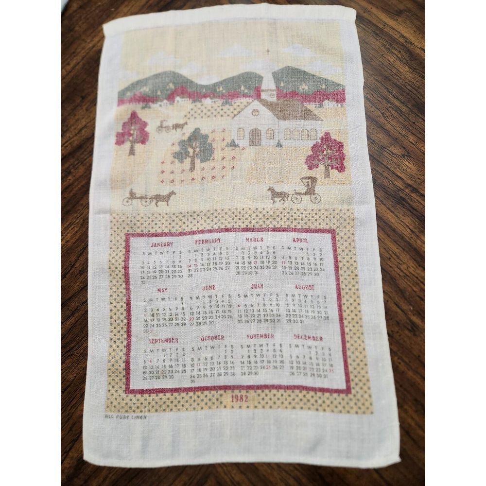 1982 Calendar Towel Colonial Scene Design Linen Fabric Dish Towel/Wall Hanging